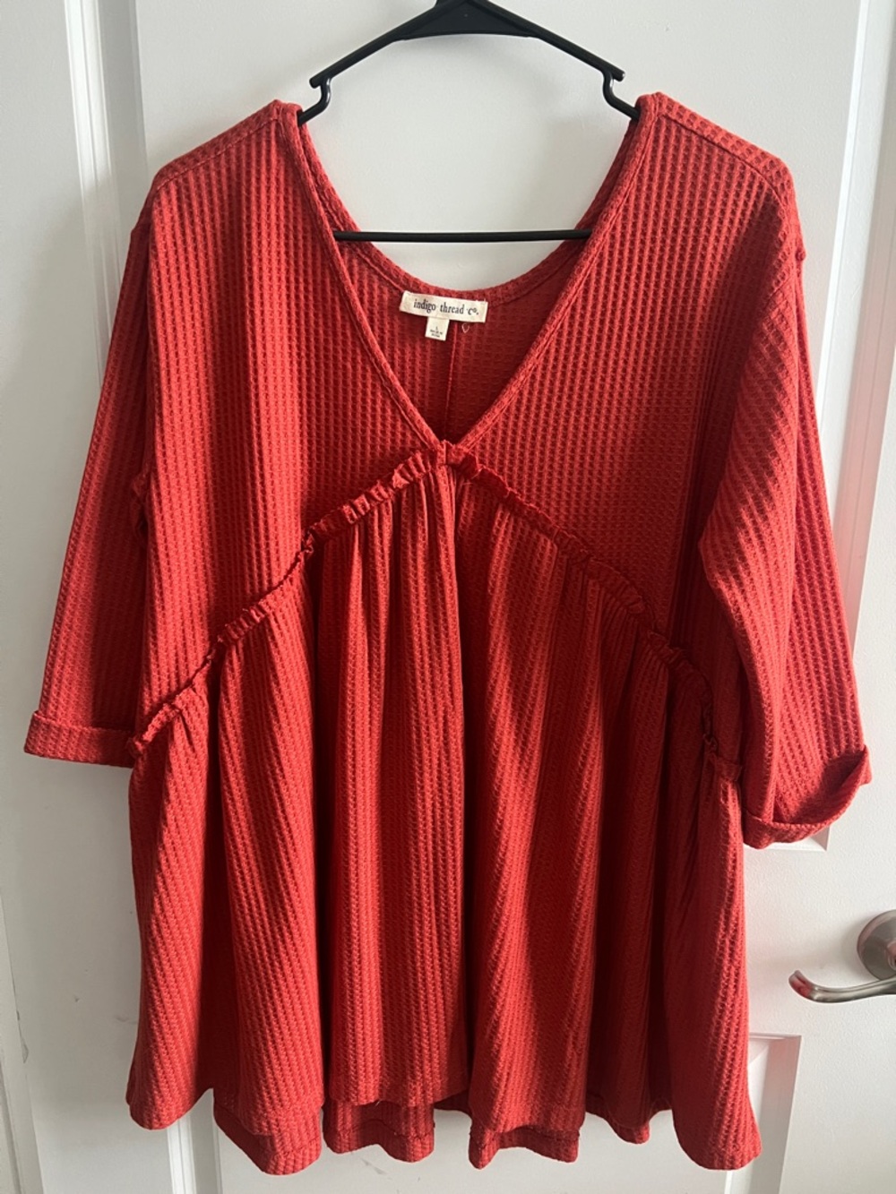 Indigo Thread Co. Women's Red V-Neck Waffle Knit Babydoll Blouse